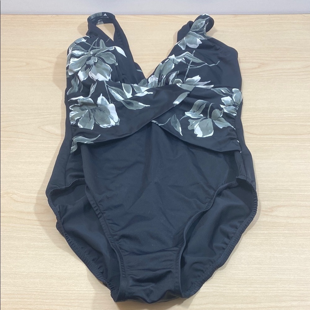 Caribbean Joe Black Floral One Piece Swimsuit